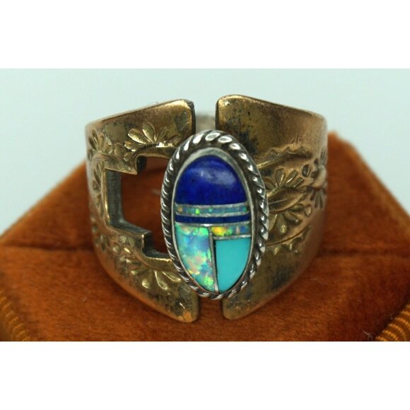Larry Pacheco Vintage Ring7 Sterling Silver Copper Lapis Opal Inlay Southwest